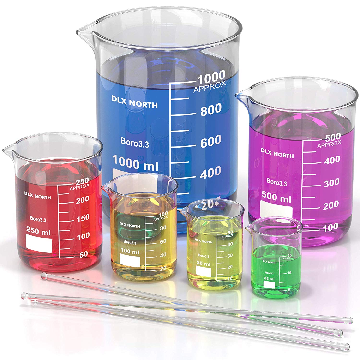 Borosilicate Glass Beaker Set (Pack of 6) – Graduated Low Form Measuring  Beakers in Various Sizes (25/50/100/250/500/1000 ml) – Comes with 3 Glass  Stirring Rods – for School Science Project and Party
