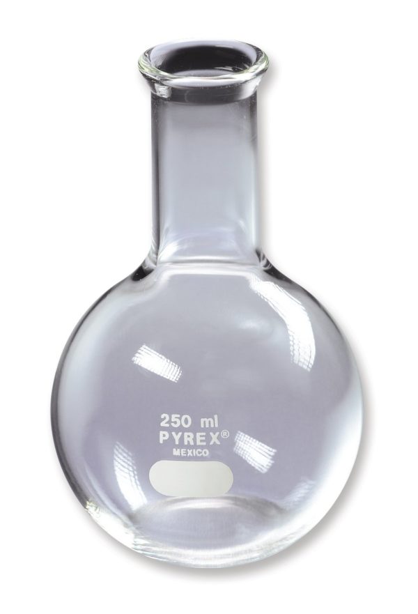 Corning Pyrex Borosilicate Glass Flat Bottom Boiling Flask, 250mL Capacity