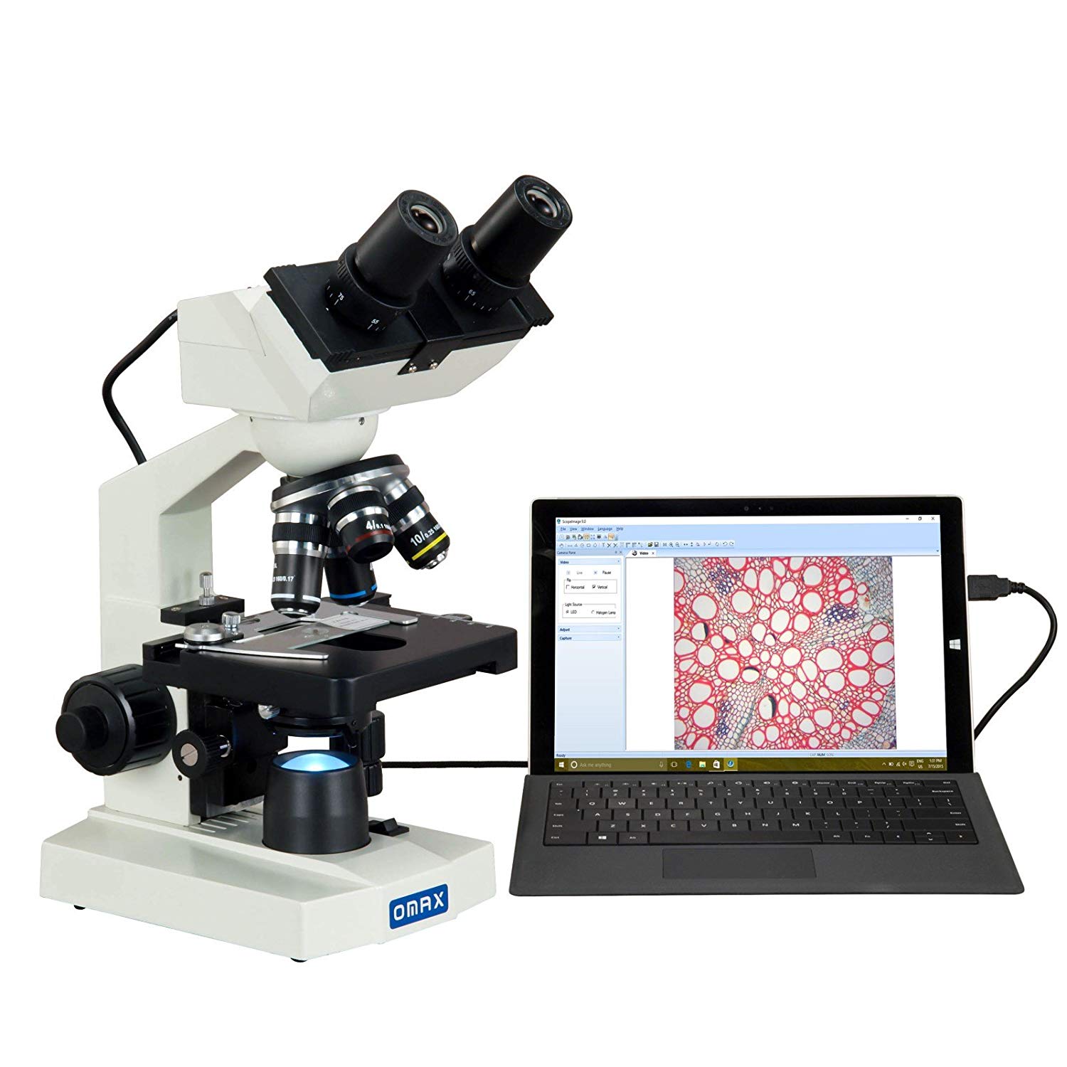 OMAX 40X-2000X Digital LED Compound Microscope with Built-in 1.3MP Camera  and Double Layer Mechanical Stage Compatible with Windows and Mac