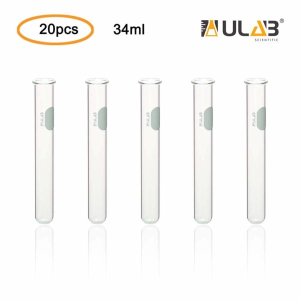 ULAB Glass Test Tube with Rim, Shot Glass, Cocktail Party Tubes, Cap.35ml, 20x150mm, 3.3 Borosilicate Glass Material, Pack of 20, UTT1011